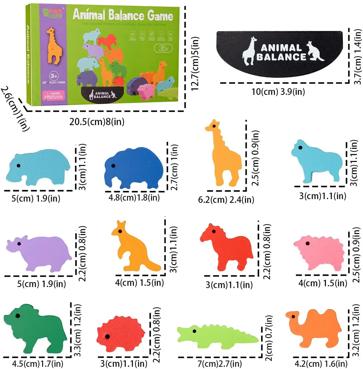 Animal balance toy set showing different animal pieces included for kids learning game
