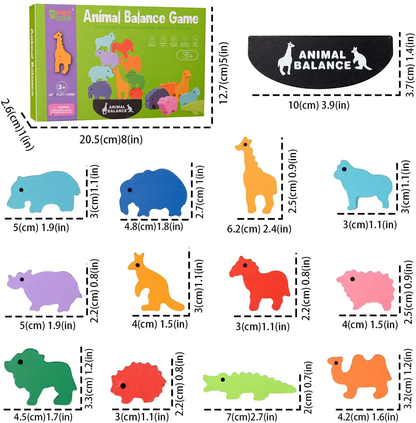 Animal balance toy set showing different animal pieces included for kids learning game