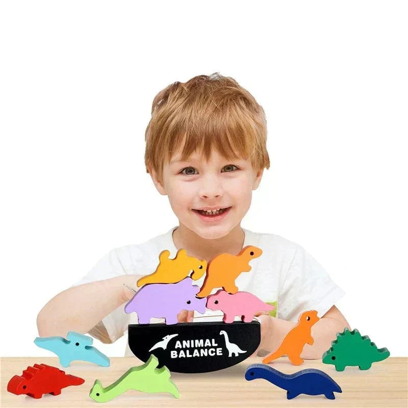 Montessori animal balance toy with colorful wooden animals stacked for balance learning